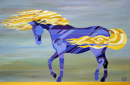 GOing with the flow painting of a horse with mane and tail blowing in wind